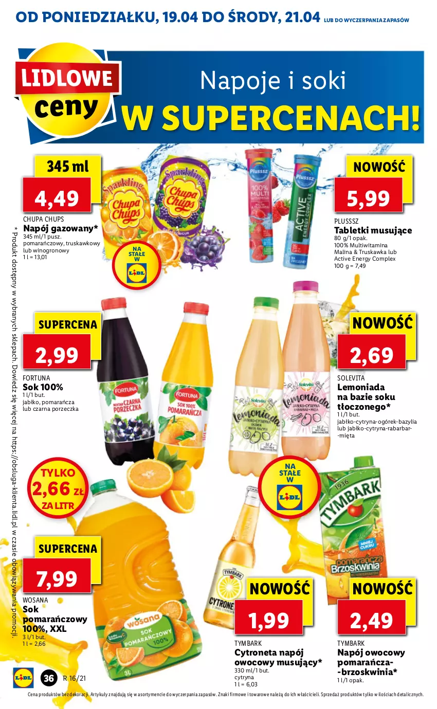 Gazetka promocyjna Lidl - GAZETKA - ważna 19.04 do 21.04.2021 - strona 36 - produkty: Bazyl, Bazylia, Chupa Chups, Fortuna, Lemoniada, Mięta, Mus, Napój, Napój gazowany, Napoje, Ogórek, Por, Sok, Sok pomarańczowy, Tablet, Tabletki musujące, Tymbark, Wino, Wosana