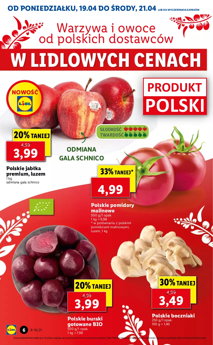 Gazetka promocyjna Lidl - GAZETKA - ważna 19.04 do 21.04.2021 - strona 6 - produkty: Boczniak, Buraki, Gala, Jabłka, Owoce, Pomidory, Por, Warzywa, Warzywa i owoce