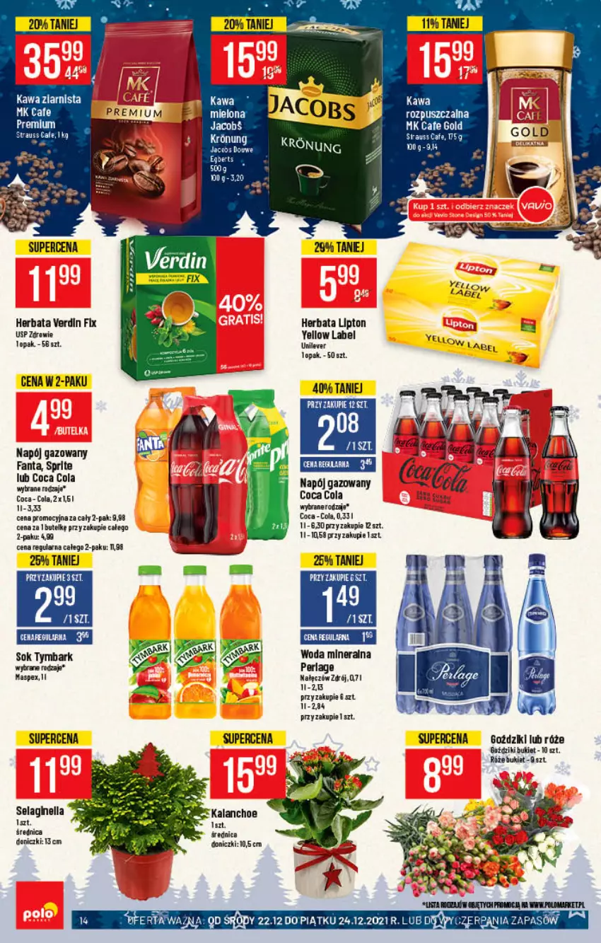 Gazetka promocyjna PoloMarket - Gazetka pomocyjna - ważna 22.12 do 31.12.2021 - strona 14 - produkty: Bukiet, Fa, Fanta, Gin, Herbata, Kalanchoe, Kawa, Kawa ziarnista, LG, Lipton, Napój, Napój gazowany, Sok, Sprite, Tymbark, Woda, Woda mineralna, Zdrowie