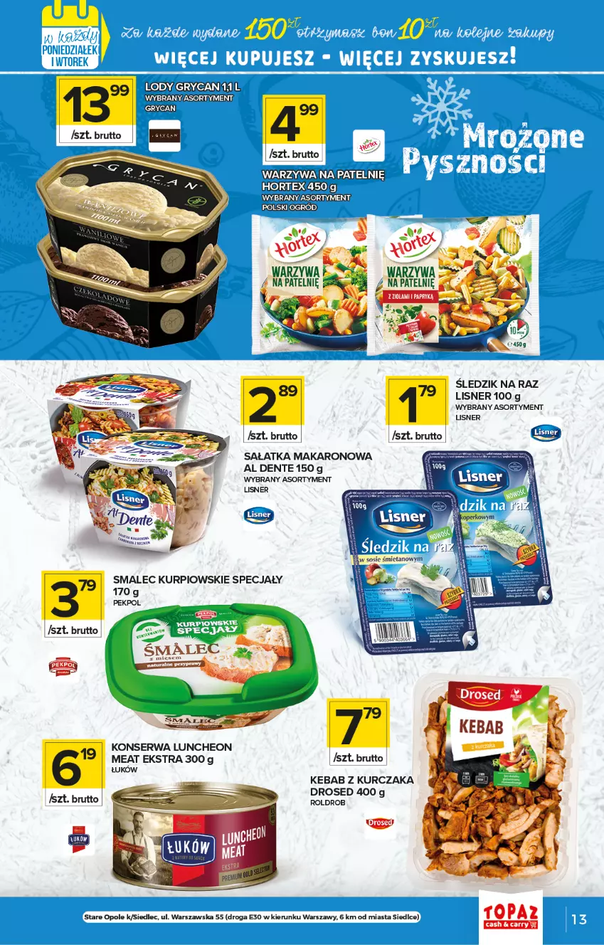 Gazetka promocyjna Topaz - Gazetka - ważna 08.04 do 14.04.2021 - strona 13 - produkty: Gry, Hortex, Kebab, Kebab z kurczaka, Kurczak, Lisner, Lody, Makaron, Sałat, Sałatka, Ser, Warzywa