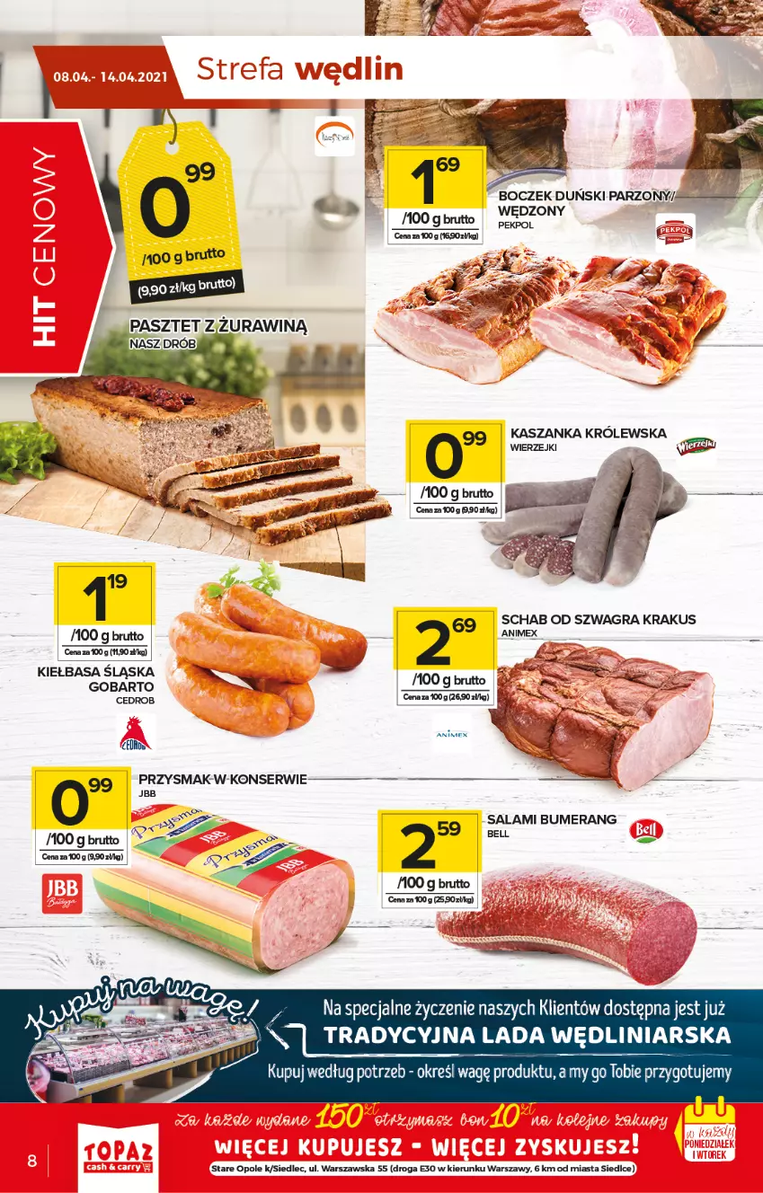 Gazetka promocyjna Topaz - Gazetka - ważna 08.04 do 14.04.2021 - strona 8 - produkty: Bell, Boczek, Bumerang, Kasza, Kaszanka, Kiełbasa, Kiełbasa śląska, Salami, Ser