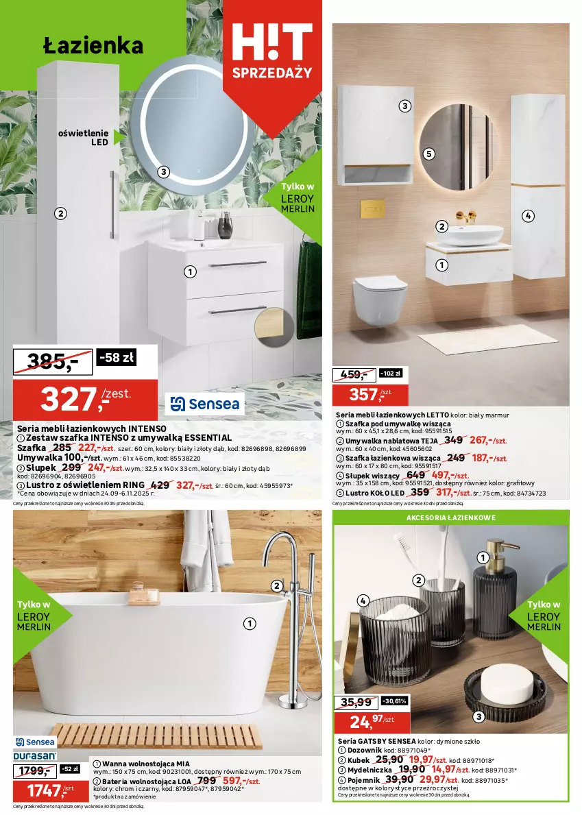 Gazetka promocyjna Leroy Merlin - Gazetka Leroy Merlin - ważna 15.10 do 17.11.2025 - strona 2 - produkty: Bateria, Bateria umywalkowa, Dozownik, Gra, Kabina prysznicowa, Kubek, Lustro, Mydelniczka, Pojemnik, Ser, Słupek, Słupek wiszący, Sok, Szafka, Szafka łazienkowa, Szafka pod umywalkę, Umywalka, Wanna