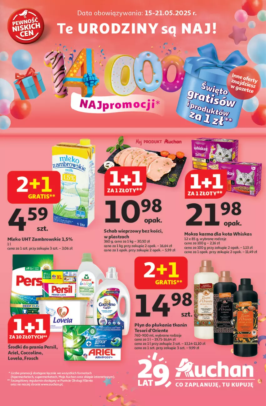 Gazetka promocyjna Auchan - Te URODZINY są NAJ Hipermarket - ważna 15.05 do 21.05.2025 - strona 1 - produkty: Ariel, Coccolino, Frosch, Lovela, Mleko, Mokra karma, Persil, Płyn do płukania, Por, Whiskas