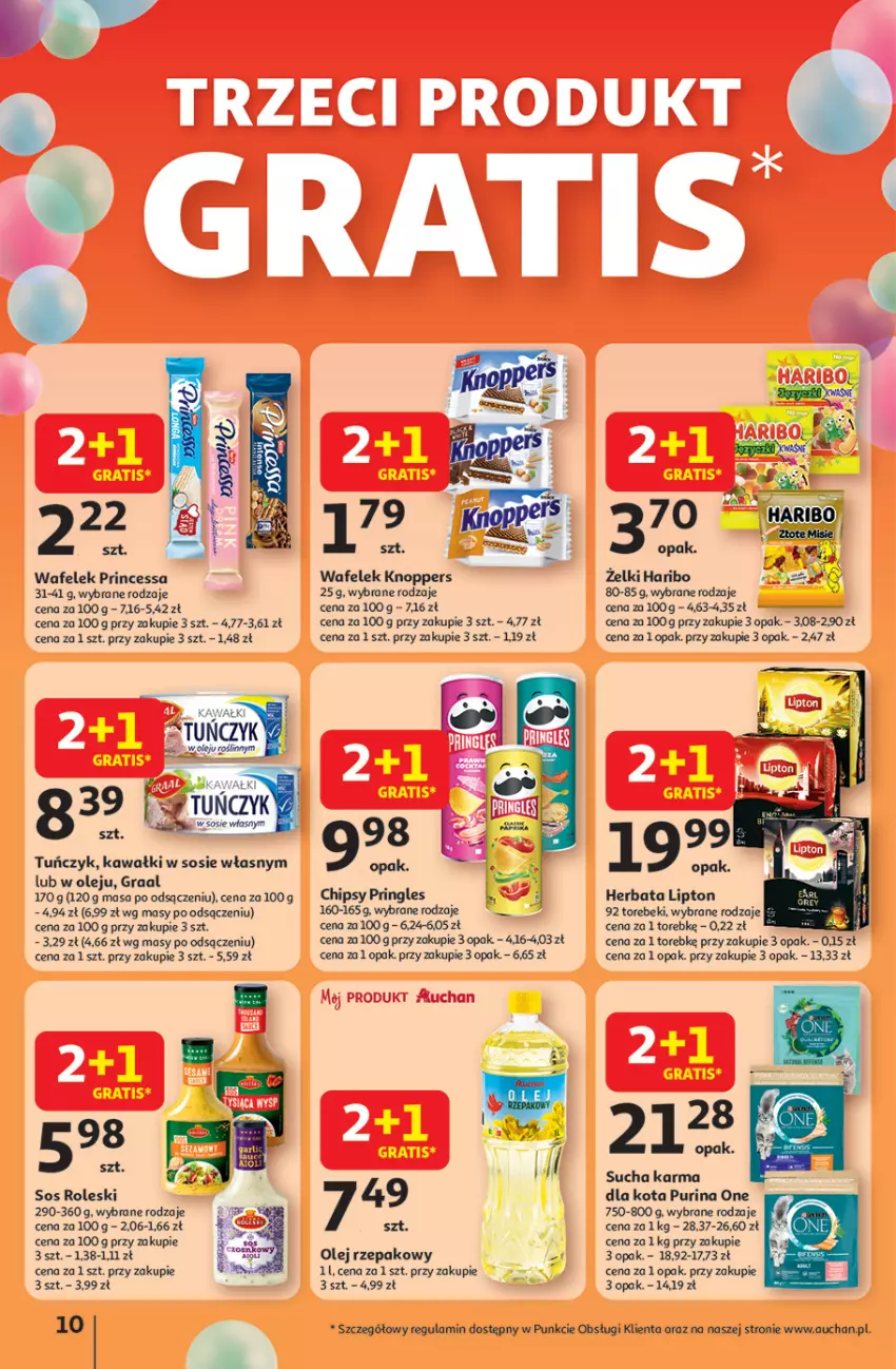 Gazetka promocyjna Auchan - Te URODZINY są NAJ Hipermarket - ważna 15.05 do 21.05.2025 - strona 10 - produkty: Chipsy, Gra, Graal, Haribo, Herbata, Kawa, Knoppers, Lipton, Olej, Olej rzepakowy, Princessa, Pringles, Pur, Purina, Sos, Sucha karma, Tuńczyk, Wafelek