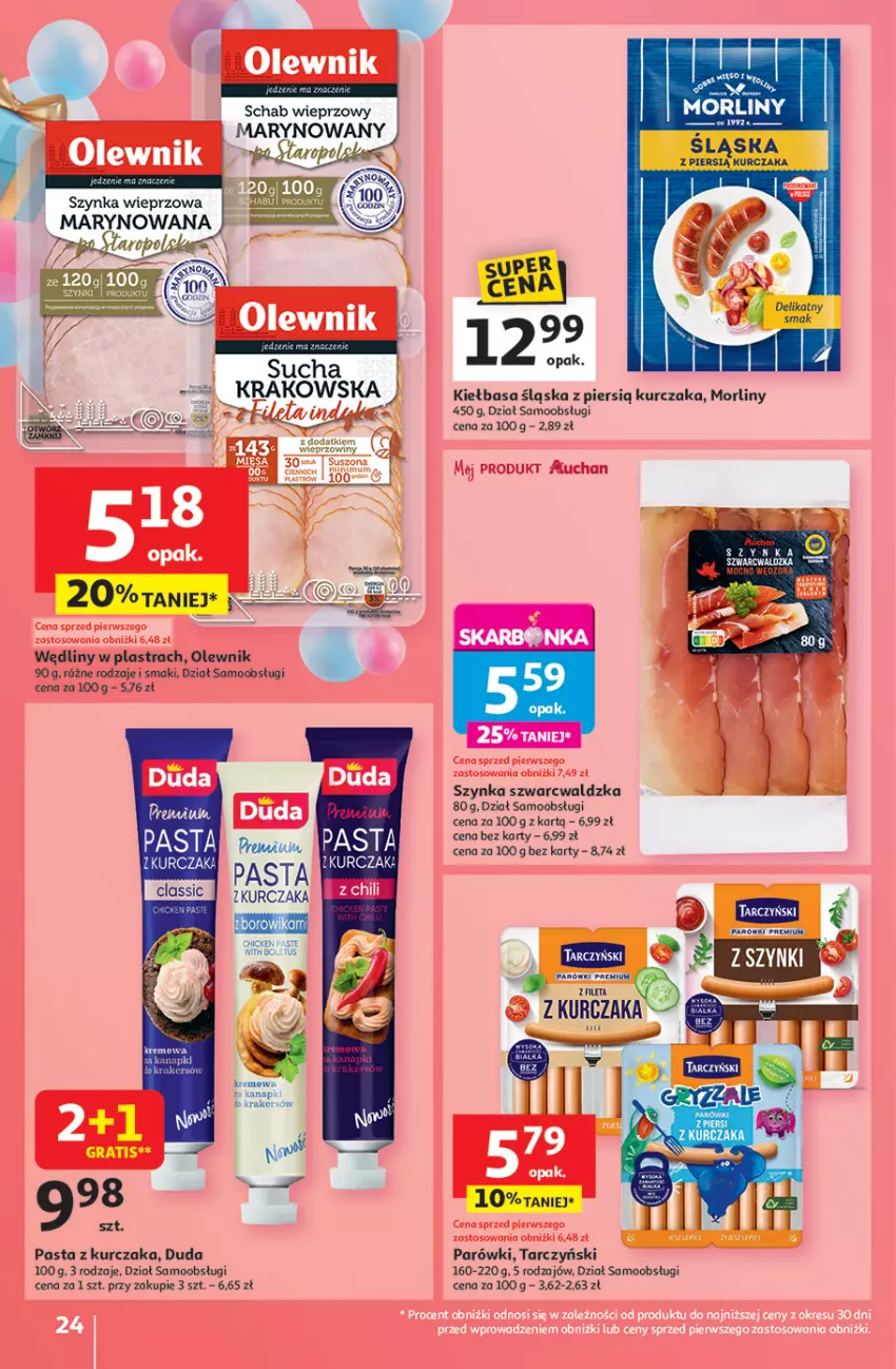 Gazetka promocyjna Auchan - Te URODZINY są NAJ Hipermarket - ważna 15.05 do 21.05.2025 - strona 26 - produkty: Duda, Fa, K2, Kiełbasa, Kiełbasa śląska, Kurczak, LG, Morliny, Olewnik, Parówki, Schab wieprzowy, Szynka, Szynka wieprzowa, Tarczyński, Tran