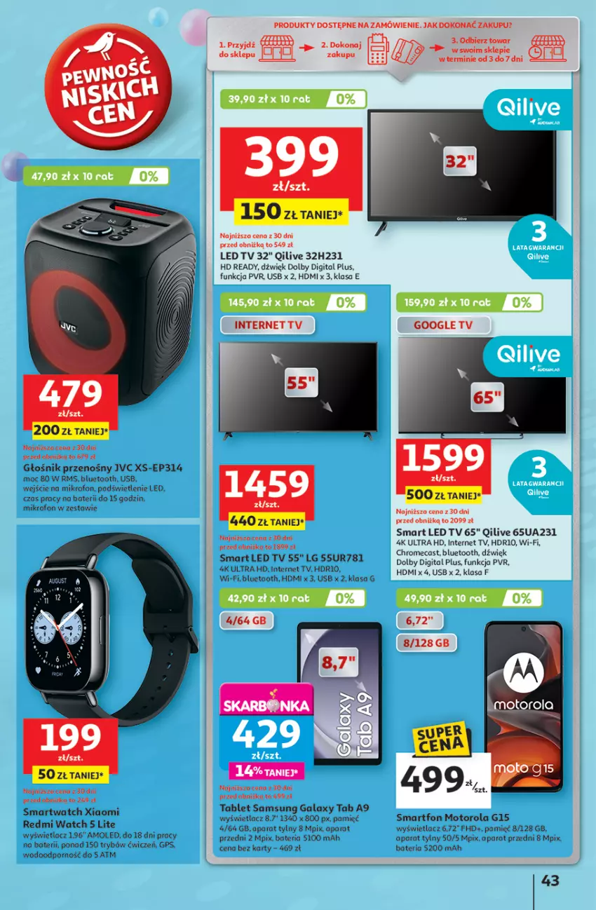 Gazetka promocyjna Auchan - Te URODZINY są NAJ Hipermarket - ważna 15.05 do 21.05.2025 - strona 47 - produkty: Amol, Bateria, Fa, Gala, Głośnik, HD ready, JVC, LED TV, LG, Mikrofon, Motorola, Por, Samsung, Smartfon, Smartwatch, Tablet