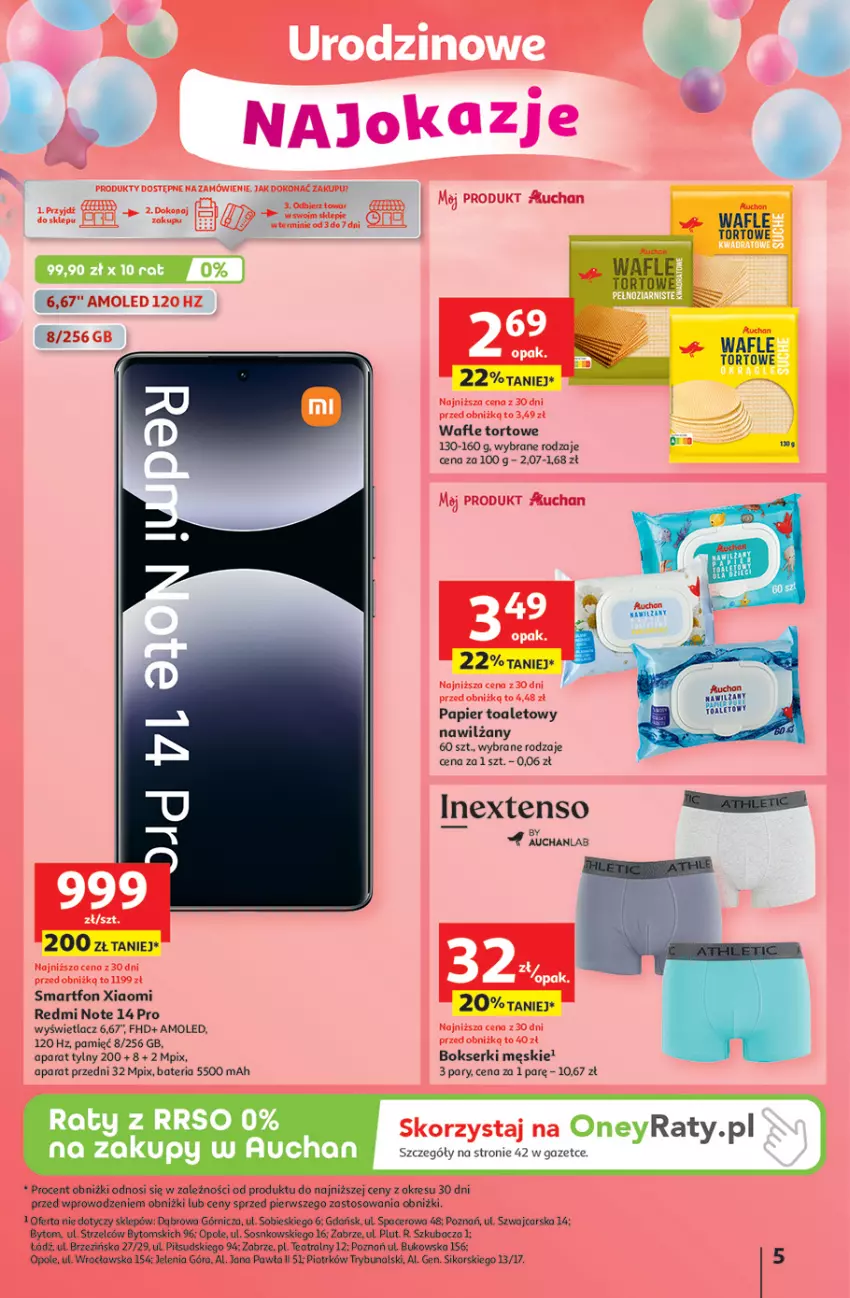 Gazetka promocyjna Auchan - Te URODZINY są NAJ Hipermarket - ważna 15.05 do 21.05.2025 - strona 5 - produkty: Acer, Amol, Bateria, Bokserki, Cars, Papier, Papier toaletowy, Redmi Note, Ser, Smartfon, Wafle, Wafle tortowe