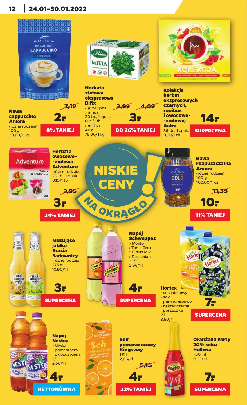 Gazetka promocyjna Netto - Gazetka spożywcza - ważna 24.01 do 30.01.2022 - strona 12 - produkty: Cappuccino, Chia, Hellena, Herbata, Hortex, Kawa, Kawa rozpuszczalna, Mięta, Mus, Napój, Nektar, Nestea, Oranżada, Por, Schweppes, Sok, Sok jabłkowy, Sok pomarańczowy