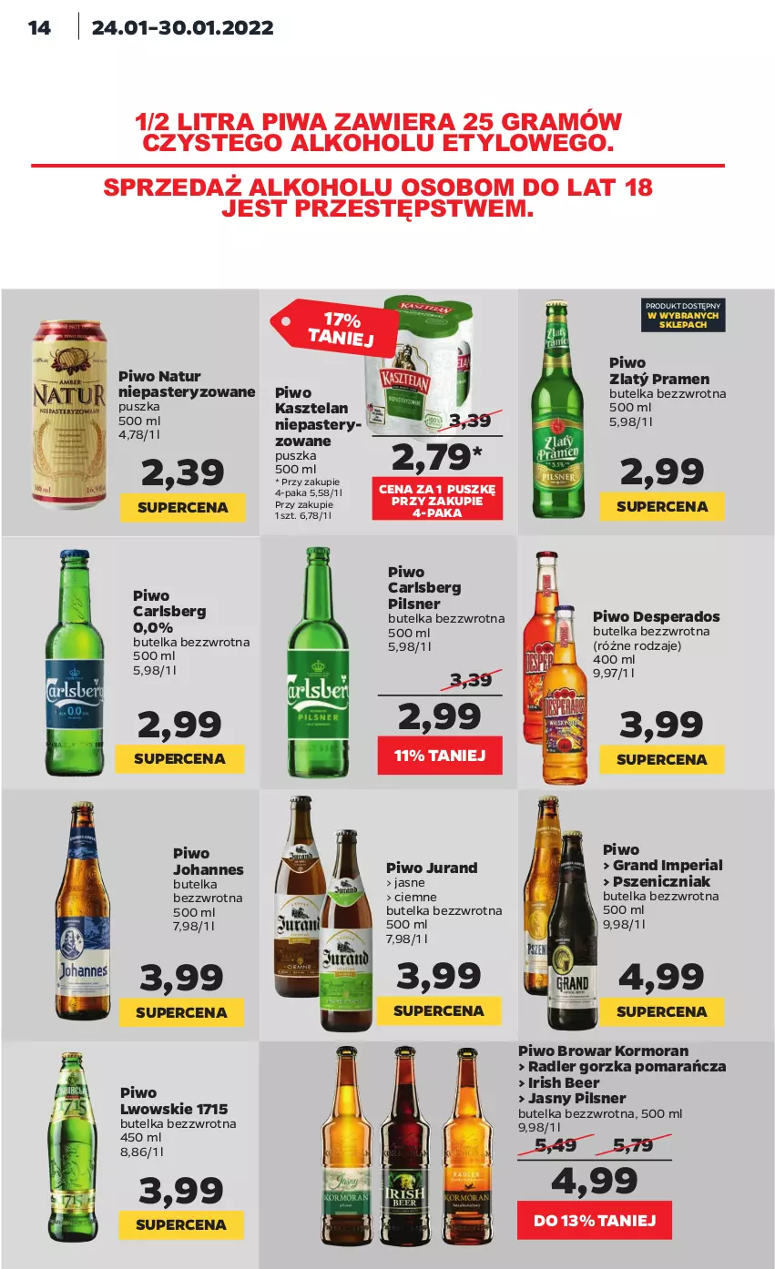 Gazetka promocyjna Netto - Gazetka spożywcza - ważna 24.01 do 30.01.2022 - strona 14 - produkty: Carlsberg, Desperados, Gra, Kasztelan, Piwa, Piwo, Radler