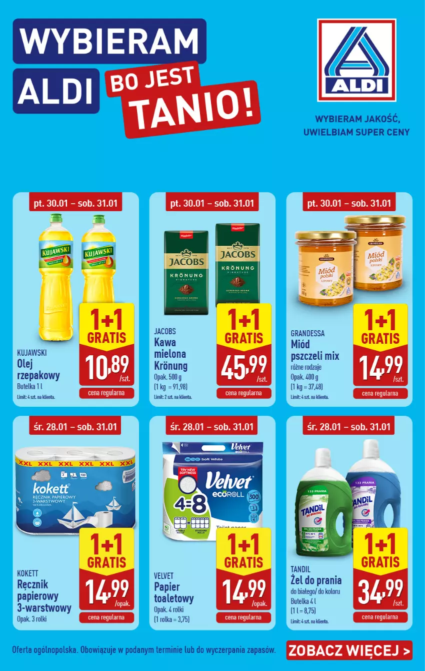 Gazetka promocyjna Aldi - Środa - Czwartek - ważna 28.01 do 31.01.2026 - strona 1 - produkty: Gra, Jacobs, Kawa, Kawa mielona, Kujawski, Olej, Olej rzepakowy, Papier, Papier toaletowy, Ręcznik, Rolki, Velvet
