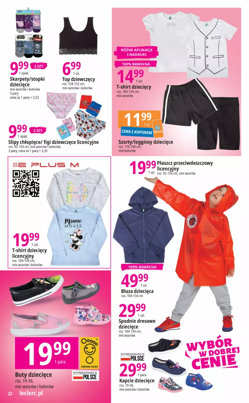 Gazetka promocyjna E Leclerc - ważna 16.08 do 02.09.2023 - strona 22 - produkty: Bluza, Buty, Dres, Dzieci, Figi, Gin, Kapcie, Karp, Legginsy, Płaszcz, Slipy, Spodnie, Spodnie dresowe, Szorty, T-shirt, Top