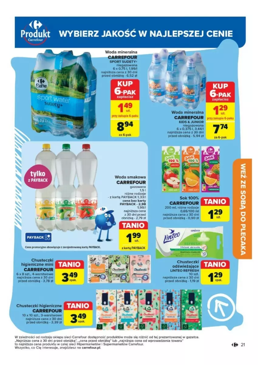 Gazetka promocyjna Carrefour - ważna 17.09 do 28.09.2024 - strona 14 - produkty: Chusteczki, Por, Sok, Sport, Woda, Woda mineralna