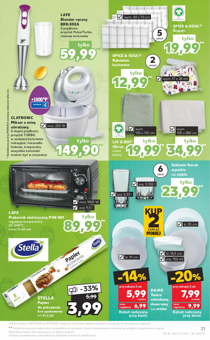 Gazetka promocyjna Kaufland - OFERTA TYGODNIA - ważna 18.03 do 24.03.2021 - strona 21 - produkty: Blender, Blender ręczny, Deser, Gra, Lanki, Mieszadło, Mikser, Mikser z misą, Miska, Obrus, Papier, Papier do pieczenia, Piec, Piekarnik, Rękawice, Ser, Sok, Talerz, Talerz obiadowy, Top, Trzepaczka