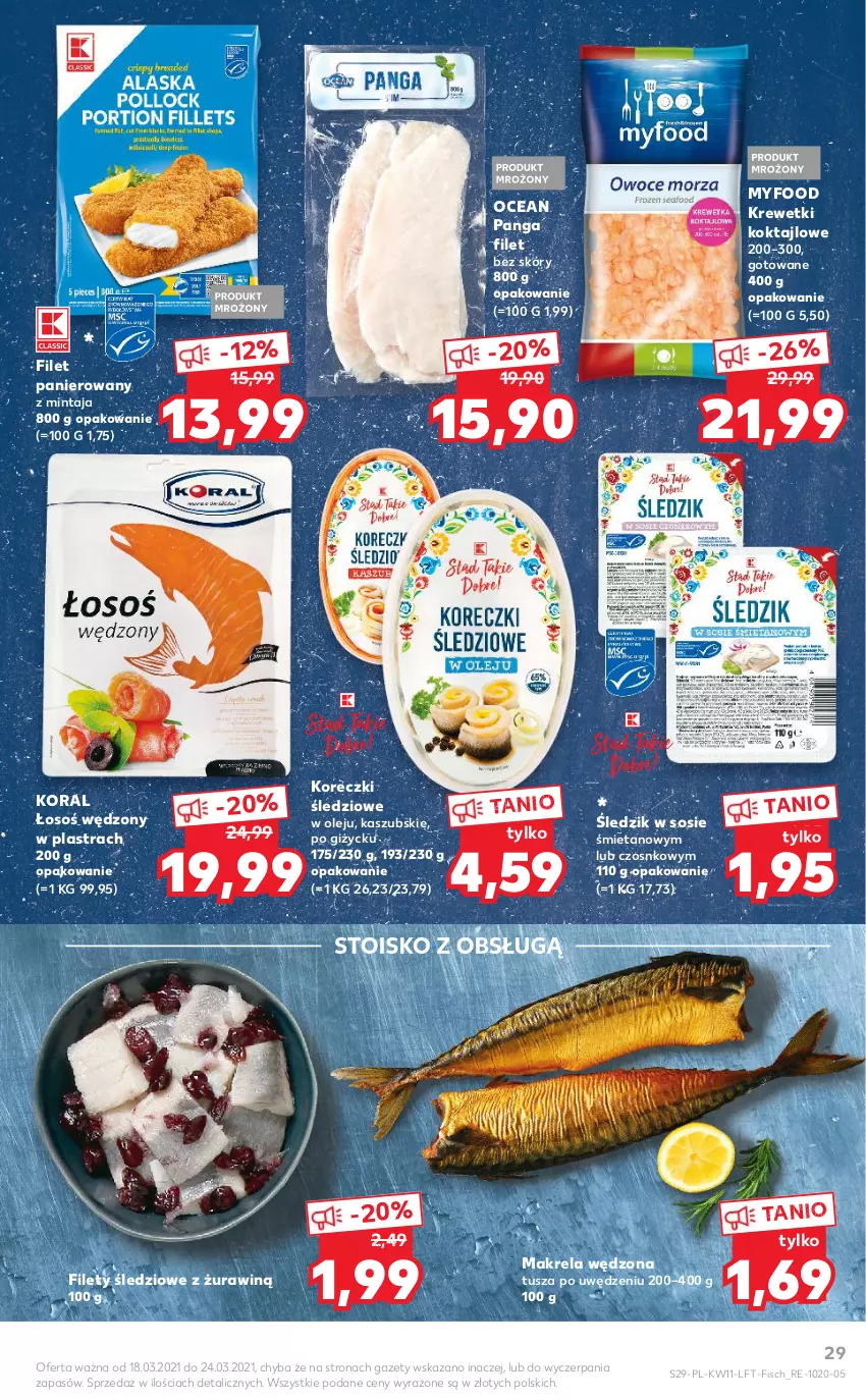 Gazetka promocyjna Kaufland - OFERTA TYGODNIA - ważna 18.03 do 24.03.2021 - strona 29 - produkty: Filet panierowany, Koreczki śledziowe, Krewetki, Mintaj, Olej, Panga, Sos, Tusz