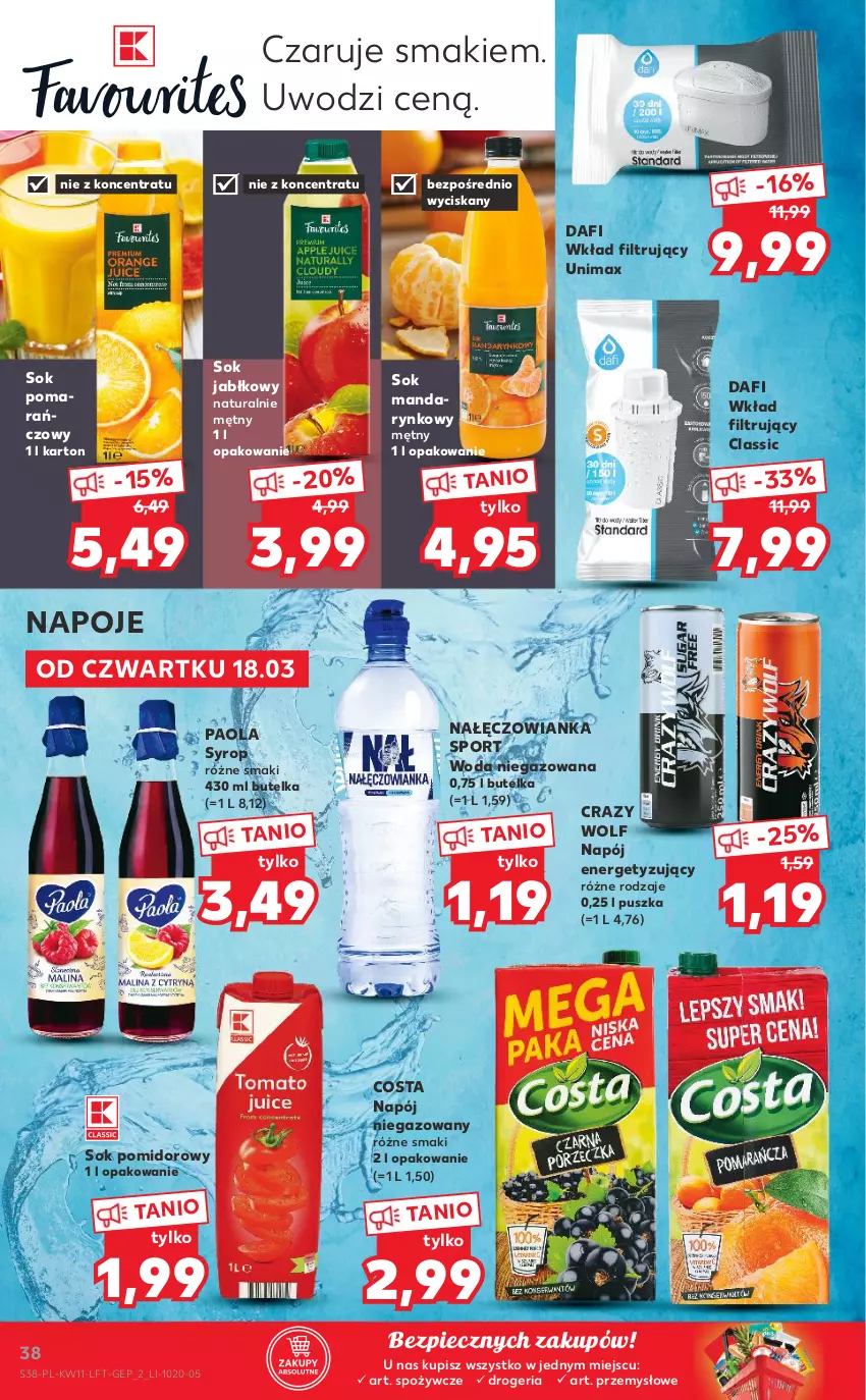 Gazetka promocyjna Kaufland - OFERTA TYGODNIA - ważna 18.03 do 24.03.2021 - strona 38 - produkty: Nałęczowianka, Napój, Napój niegazowany, Napoje, Paola, Piec, Por, Sok, Sok jabłkowy, Sok pomarańczowy, Sok pomidorowy, Sport, Syrop, Wkład filtrujący, Woda, Woda niegazowana