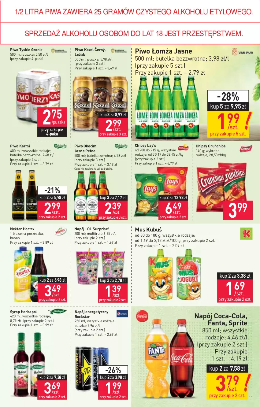 Gazetka promocyjna Stokrotka - Supermarket - ważna 12.08 do 18.08.2021 - strona 11 - produkty: Chipsy, Coca-Cola, Crunchips, Fa, Fanta, Gra, Herbapol, Hortex, Karmi, Koc, Kozel, Kubuś, Lay’s, Mus, Napój, Napój energetyczny, Nektar, Okocim, Piwa, Piwo, Por, Sprite, Syrop, Tyskie