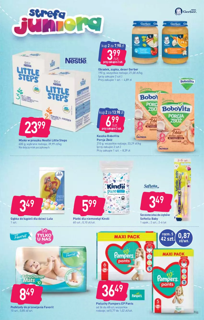 Gazetka promocyjna Stokrotka - Supermarket - ważna 12.08 do 18.08.2021 - strona 15 - produkty: BoboVita, Deser, Dzieci, Fa, Gerber, Kindii, Mleko, Mleko w proszku, Nestlé, Pampers, Pieluchy, Podkład, Por, Ser, Szczoteczka, Szczoteczka do zębów