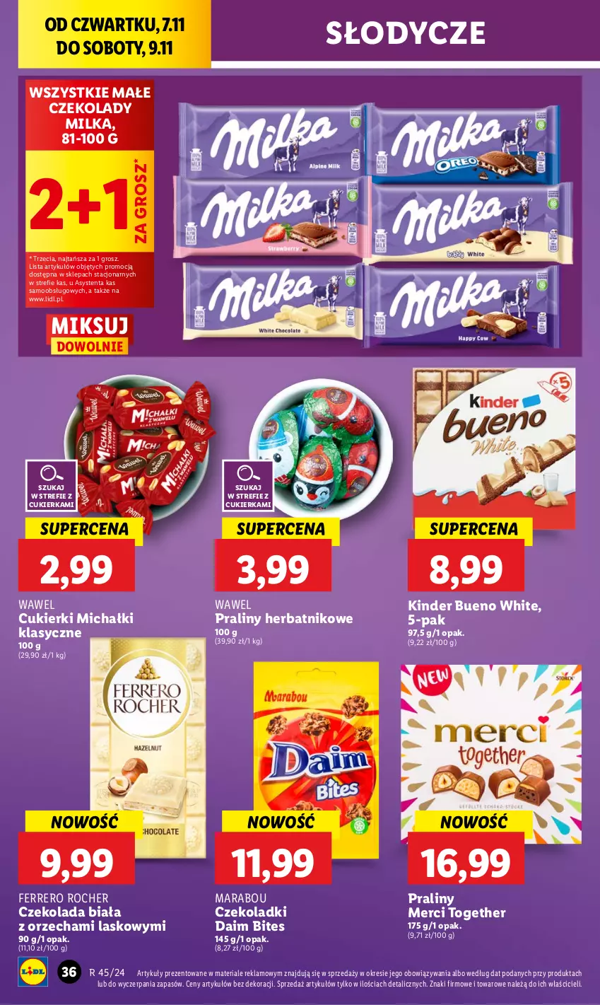 Gazetka promocyjna Lidl - GAZETKA - ważna 07.11 do 09.11.2024 - strona 38 - produkty: Cukier, Cukierki, Czekolada, Ferrero, Ferrero Rocher, Kinder, Kinder Bueno, Merci, Michałki, Milka, Praliny, Wawel