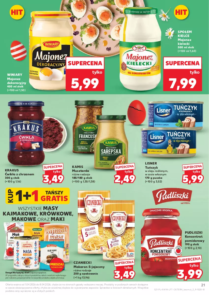 Gazetka promocyjna Kaufland - Gazetka tygodnia - ważna 01.04 do 08.04.2026 - strona 21 - produkty: Chrzan, Gra, Kamis, Koncentrat pomidorowy, Krakus, Lisner, Majonez, Makaron, Mus, Musztarda, Olej, Por, Pudliszki, Sos, Tuńczyk, Waga, Winiary