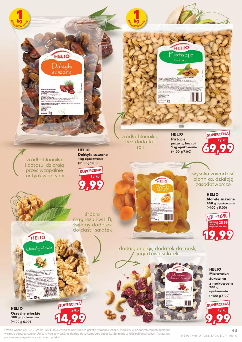 Gazetka promocyjna Kaufland - Gazetka tygodnia - ważna 01.04 do 08.04.2026 - strona 43 - produkty: Daktyle, Helio, Jogurt, Magnez, Mus, Orzechy włoskie, Pistacje, Sałat, Sok