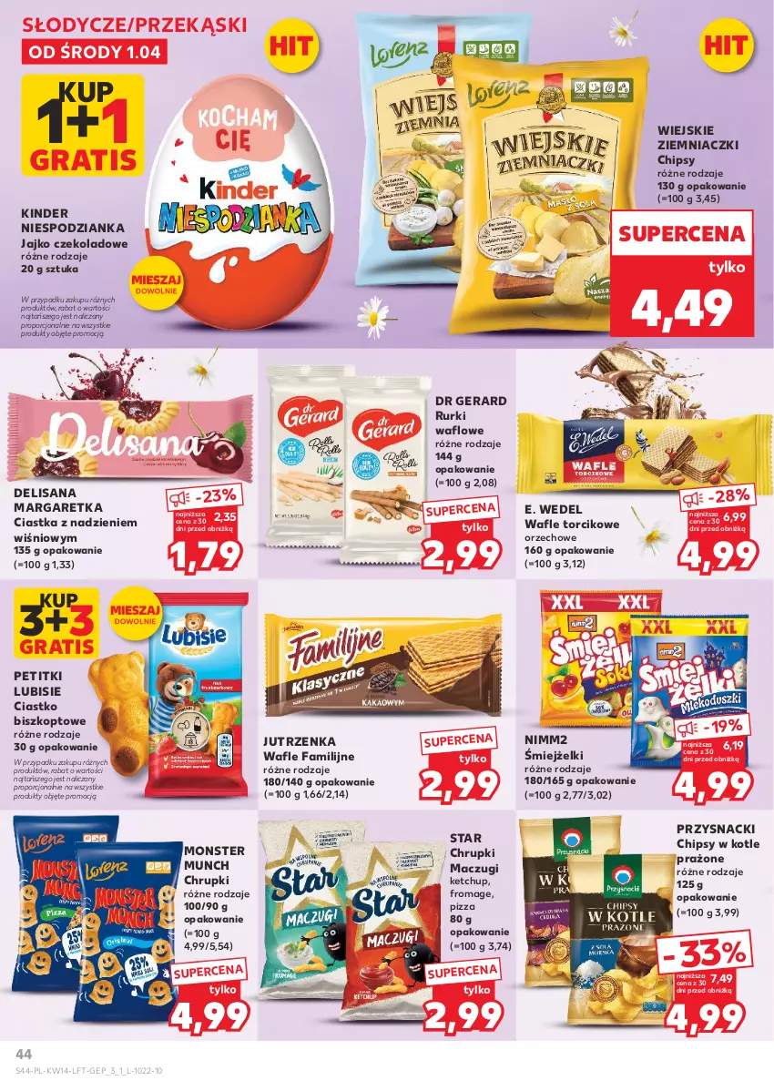 Gazetka promocyjna Kaufland - Gazetka tygodnia - ważna 01.04 do 08.04.2026 - strona 44 - produkty: Chipsy, Chrupki, Ciastka, Dr Gerard, E. Wedel, Fa, Gra, Isana, Jutrzenka, Ketchup, Kinder, Lubisie, Monster Munch, Nimm2, Pizza, Por, Przysnacki, Rurki, Wafle