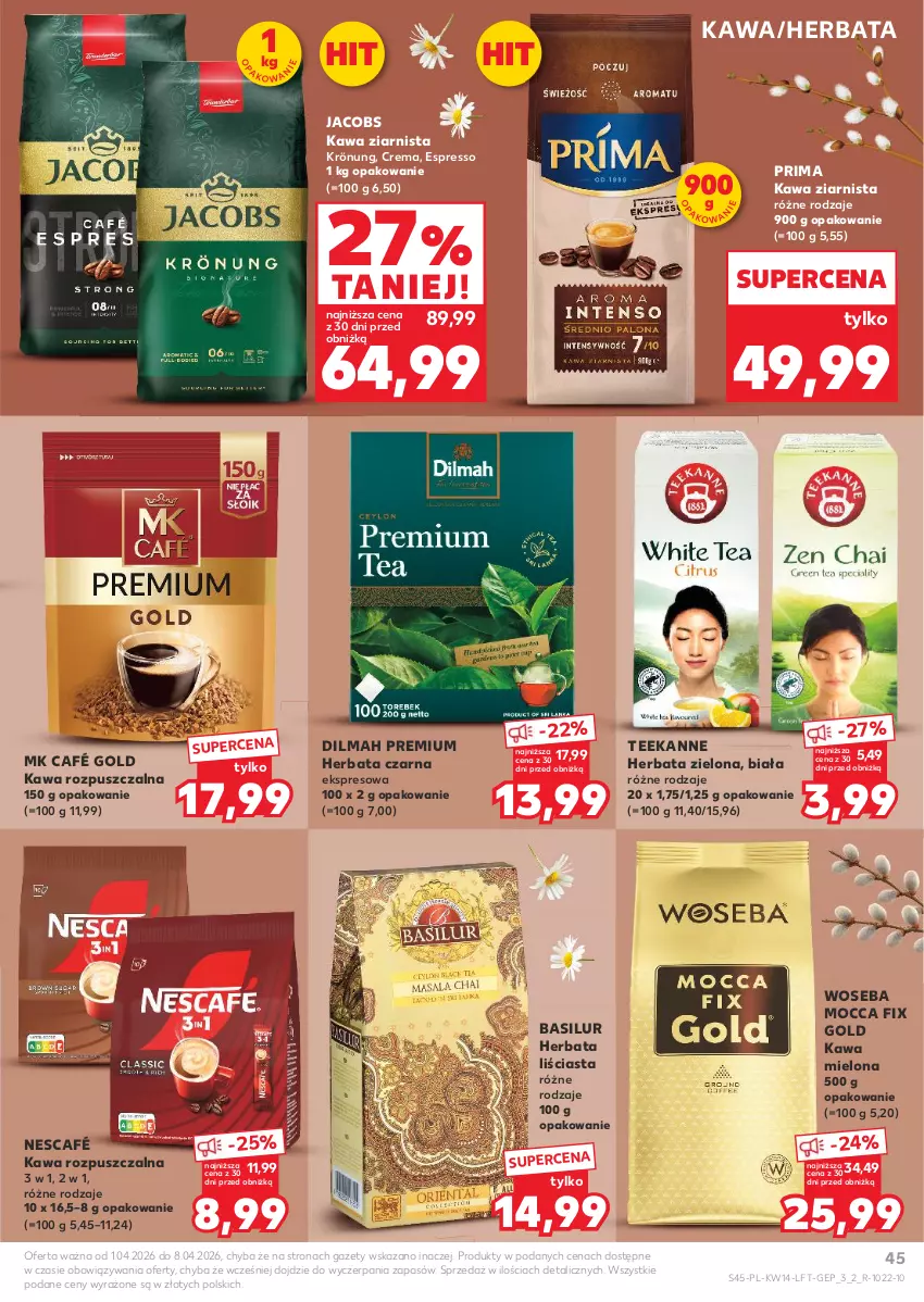 Gazetka promocyjna Kaufland - Gazetka tygodnia - ważna 01.04 do 08.04.2026 - strona 45 - produkty: Dilmah, Herbata, Herbata czarna, Jacobs, Kawa, Kawa mielona, Kawa rozpuszczalna, Kawa ziarnista, Mocca Fix Gold, Nescafé, Prima, Teekanne, Woseba