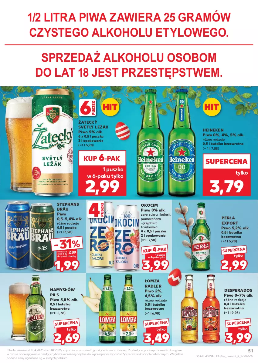 Gazetka promocyjna Kaufland - Gazetka tygodnia - ważna 01.04 do 08.04.2026 - strona 51 - produkty: Desperados, Gra, Grejpfrut, Heineken, Koc, Namysłów, Okocim, Perła, Piwa, Piwo, Por, Radler