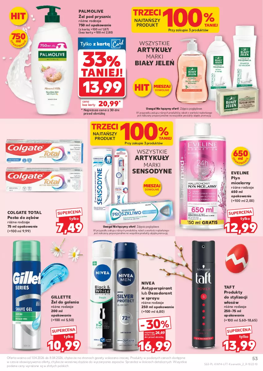 Gazetka promocyjna Kaufland - Gazetka tygodnia - ważna 01.04 do 08.04.2026 - strona 53 - produkty: Antyperspirant, Biały Jeleń, Colgate, Colgate Total, Dezodorant, Eveline, Gillette, LG, Nivea, Palmolive, Pasta do zębów, Płyn micelarny, Por, Sensodyne, Taft, Waga