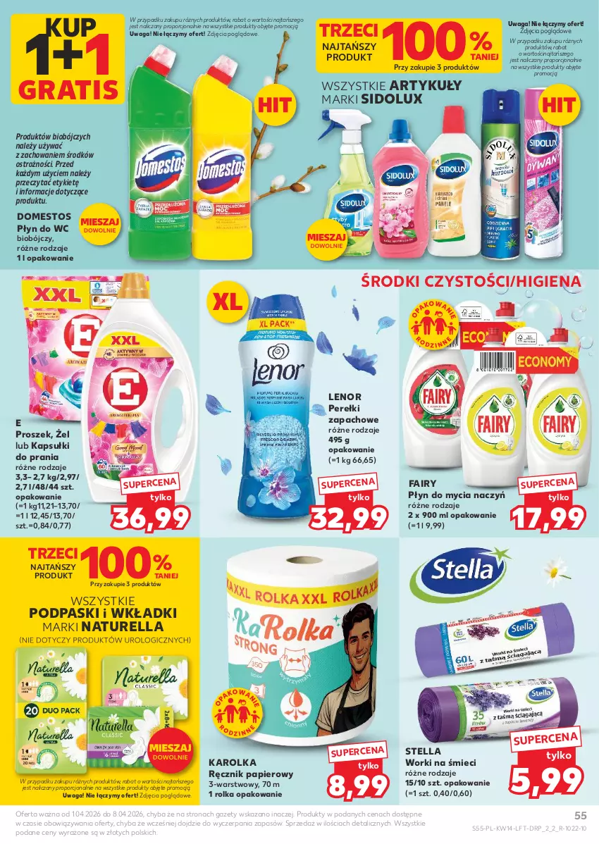 Gazetka promocyjna Kaufland - Gazetka tygodnia - ważna 01.04 do 08.04.2026 - strona 55 - produkty: Do mycia naczyń, Domestos, Fa, Fairy, Gra, Kapsułki do prania, Lenor, Naturell, Naturella, Papier, Perełki zapachowe, Płyn do mycia, Płyn do mycia naczyń, Płyn do wc, Podpaski, Por, Ręcznik, Sidolux, Waga, Wkładki, Worki na śmiec, Worki na śmieci