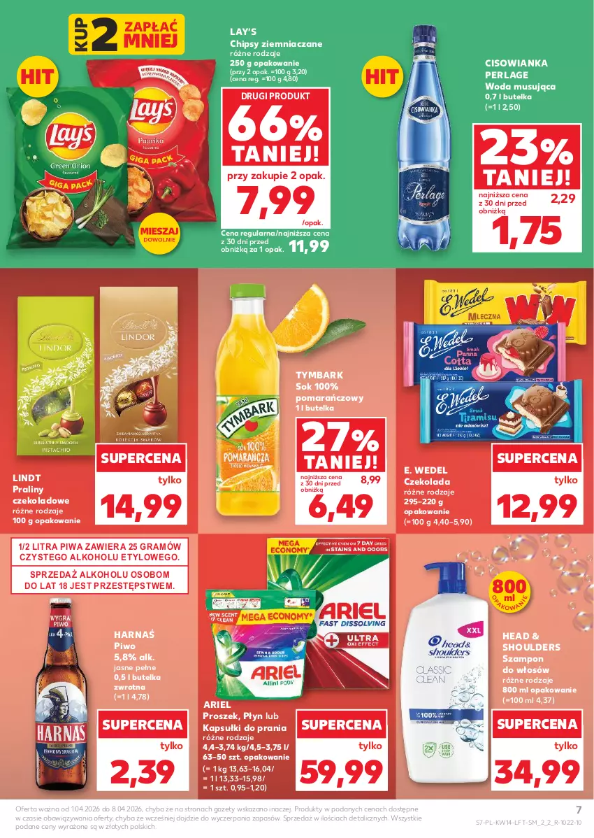 Gazetka promocyjna Kaufland - Gazetka tygodnia - ważna 01.04 do 08.04.2026 - strona 7 - produkty: Ariel, Chipsy, Cisowianka, Czekolada, E. Wedel, Gra, Harnaś, Kapsułki do prania, Lay’s, Lindt, Mus, Piwa, Piwo, Praliny, Sok, Szampon, Tymbark, Woda
