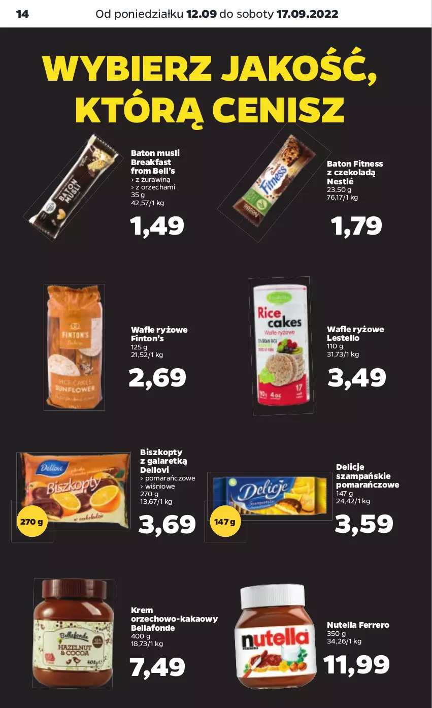 Gazetka promocyjna Netto - Artykuły spożywcze - ważna 12.09 do 17.09.2022 - strona 14 - produkty: Baton, Bell, Bella, Biszkopty, Delicje, Dell, Fa, Ferrero, Gala, Kakao, Lovi, Mus, Nestlé, Nutella, Ryż, Wafle