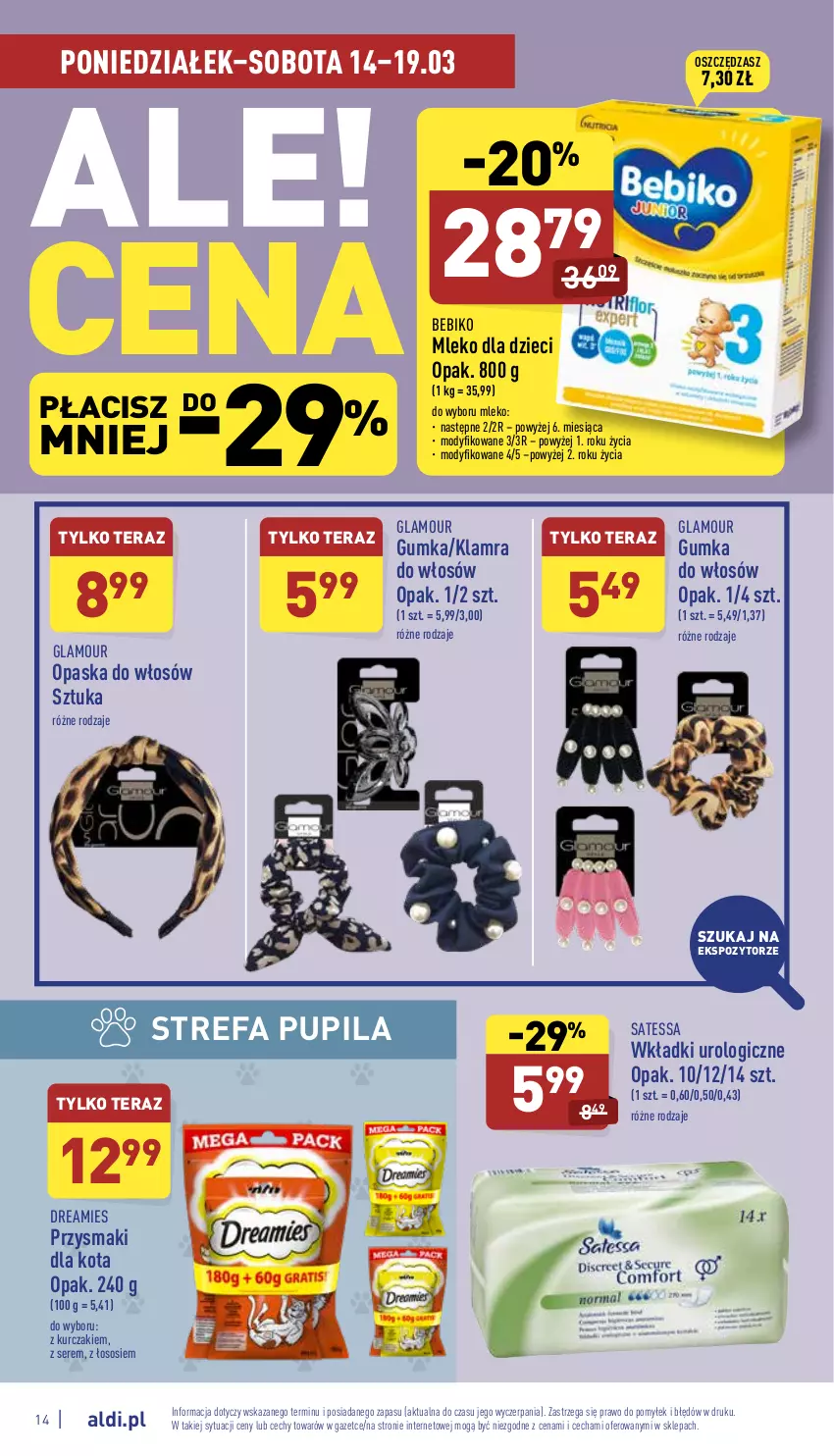 Gazetka promocyjna Aldi - Pełny katalog - ważna 14.03 do 19.03.2022 - strona 14 - produkty: Bebiko, Dzieci, Fa, Kurczak, Mleko, Mleko dla dzieci, Opaska, Opaska do włosów, Przysmaki, Ser, Sos, Tera, Wkładki, Wkładki urologiczne