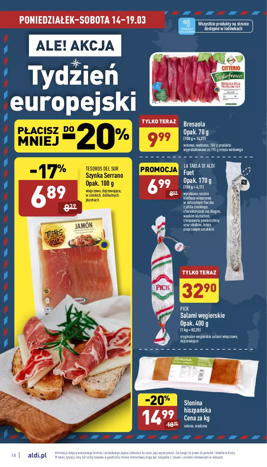 Gazetka promocyjna Aldi - Pełny katalog - ważna 14.03 do 19.03.2022 - strona 18 - produkty: Bresaola, Gin, Kiełbasa, Lodówka, Pieprz, Salami, Ser, Szynka, Tera