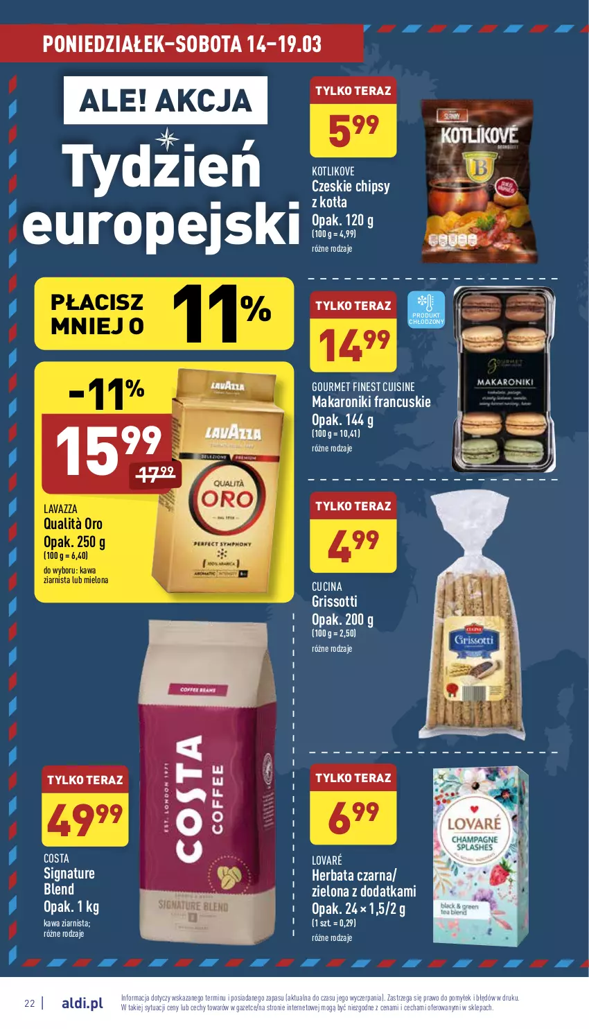 Gazetka promocyjna Aldi - Pełny katalog - ważna 14.03 do 19.03.2022 - strona 22 - produkty: Chipsy, Herbata, Herbata czarna, Kawa, Kawa ziarnista, Lavazza, Makaron, Tera