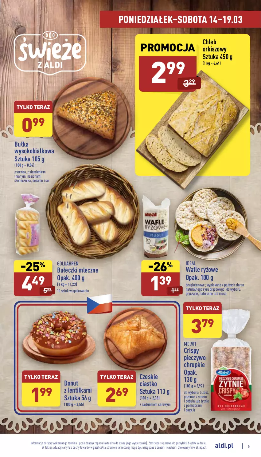 Gazetka promocyjna Aldi - Pełny katalog - ważna 14.03 do 19.03.2022 - strona 5 - produkty: Bazyl, Bułeczki, Bułeczki mleczne, Bułka, Chleb, Chrupki, Donut, Gry, Melvit, Mus, Piec, Pieczywo, Pieczywo chrupkie, Ryż, Ser, Sezam, Sok, Tera, Wafle