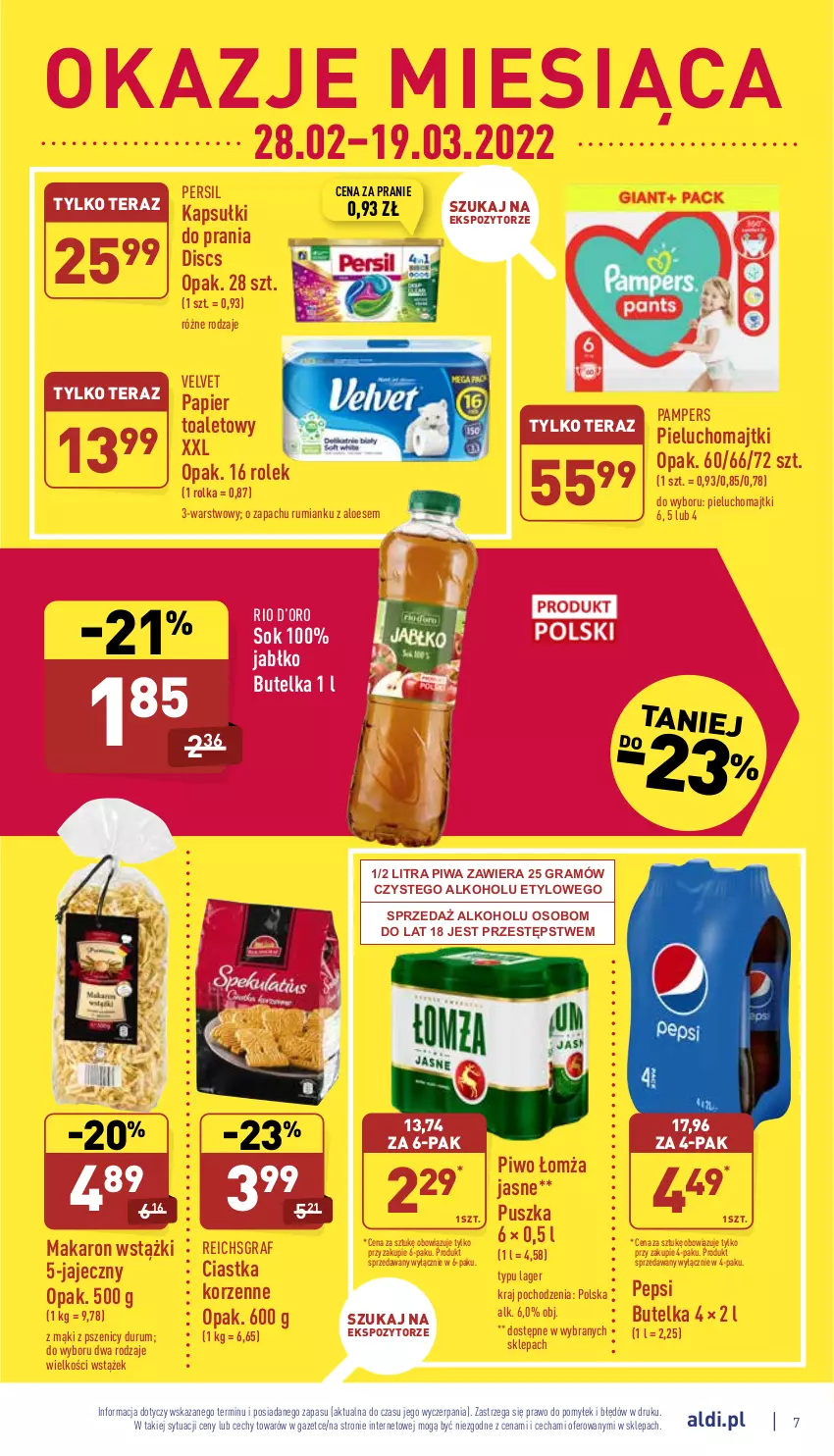 Gazetka promocyjna Aldi - Pełny katalog - ważna 14.03 do 19.03.2022 - strona 7 - produkty: Ciastka, Gra, Kapsułki do prania, Majtki, Makaron, Pampers, Papier, Papier toaletowy, Pepsi, Persil, Pieluchomajtki, Piwa, Piwo, Reichsgraf, Rum, Sok, Tera, Velvet