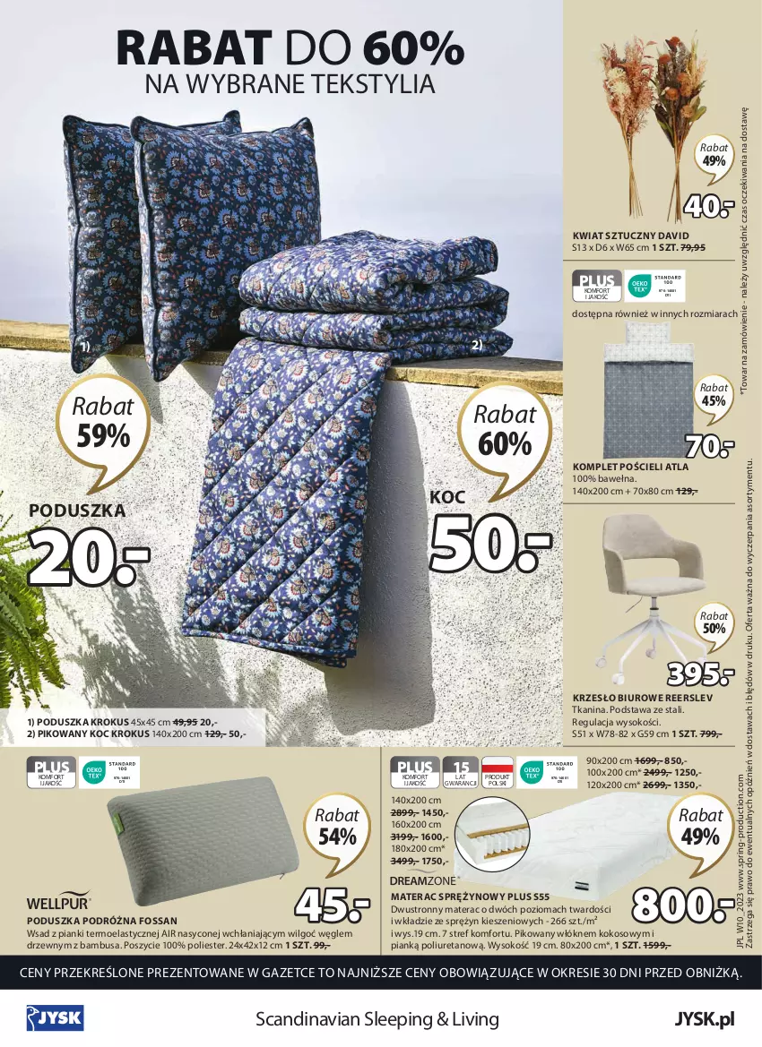 Gazetka promocyjna Jysk - Oferta tygodnia - ważna 08.03 do 16.04.2023 - strona 17 - produkty: Biuro, Koc, Kokos, Komplet pościeli, Krokus, Krzesło, LG, Materac, Materac sprężynowy, Poduszka, Pościel, Sok, Tera, Wełna