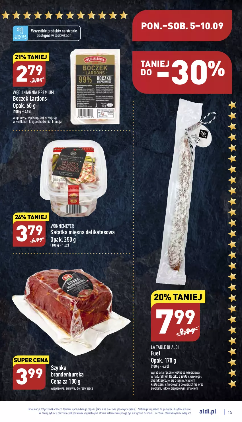 Gazetka promocyjna Aldi - Pełny katalog - ważna 05.09 do 10.09.2022 - strona 15 - produkty: Boczek, Kiełbasa, Lodówka, Pieprz, Sałat, Sałatka, Szynka