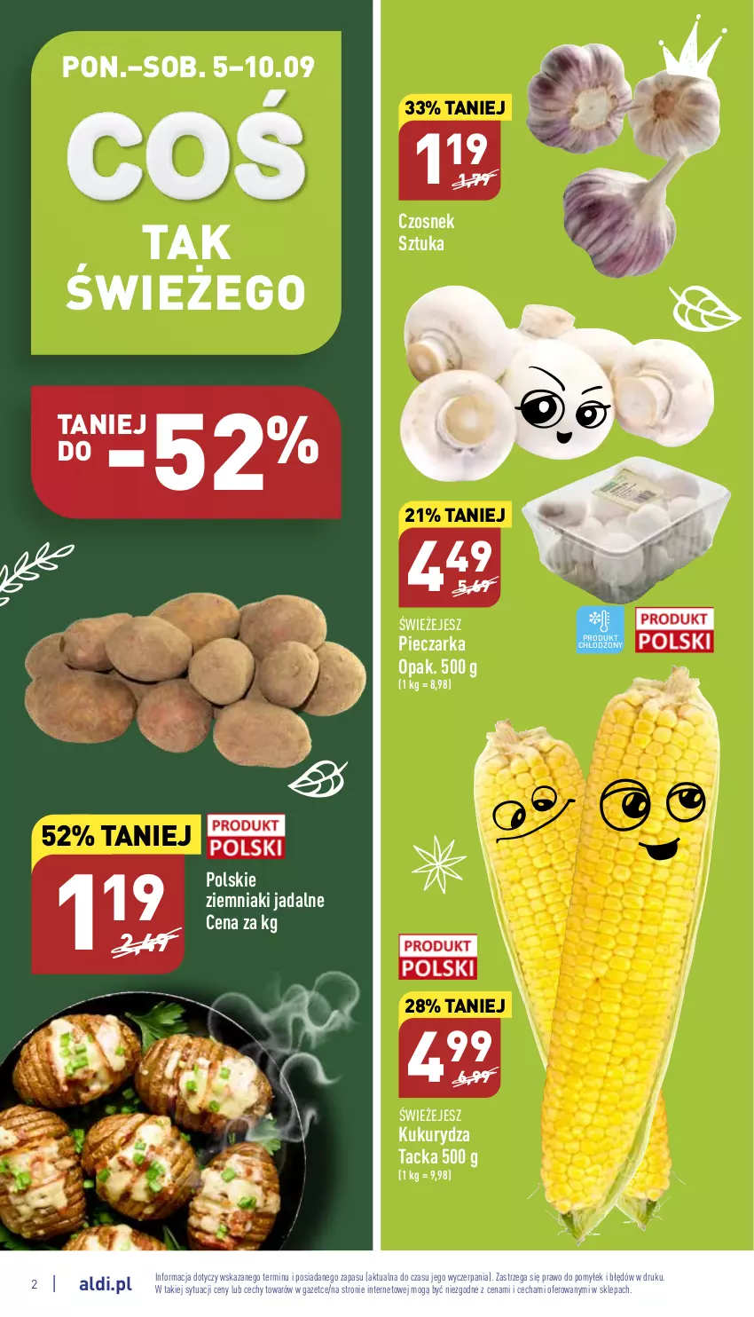 Gazetka promocyjna Aldi - Pełny katalog - ważna 05.09 do 10.09.2022 - strona 2 - produkty: Czosnek, Kukurydza, Piec, Pieczarka, Ziemniaki