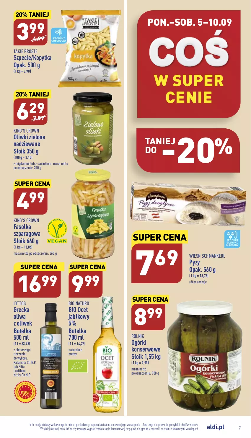 Gazetka promocyjna Aldi - Pełny katalog - ważna 05.09 do 10.09.2022 - strona 7 - produkty: Fa, Kopytka, Ocet, Ogórki konserwowe, Oliwa, Oliwa z oliwek, Oliwki, Oliwki zielone, Rolnik, Ser