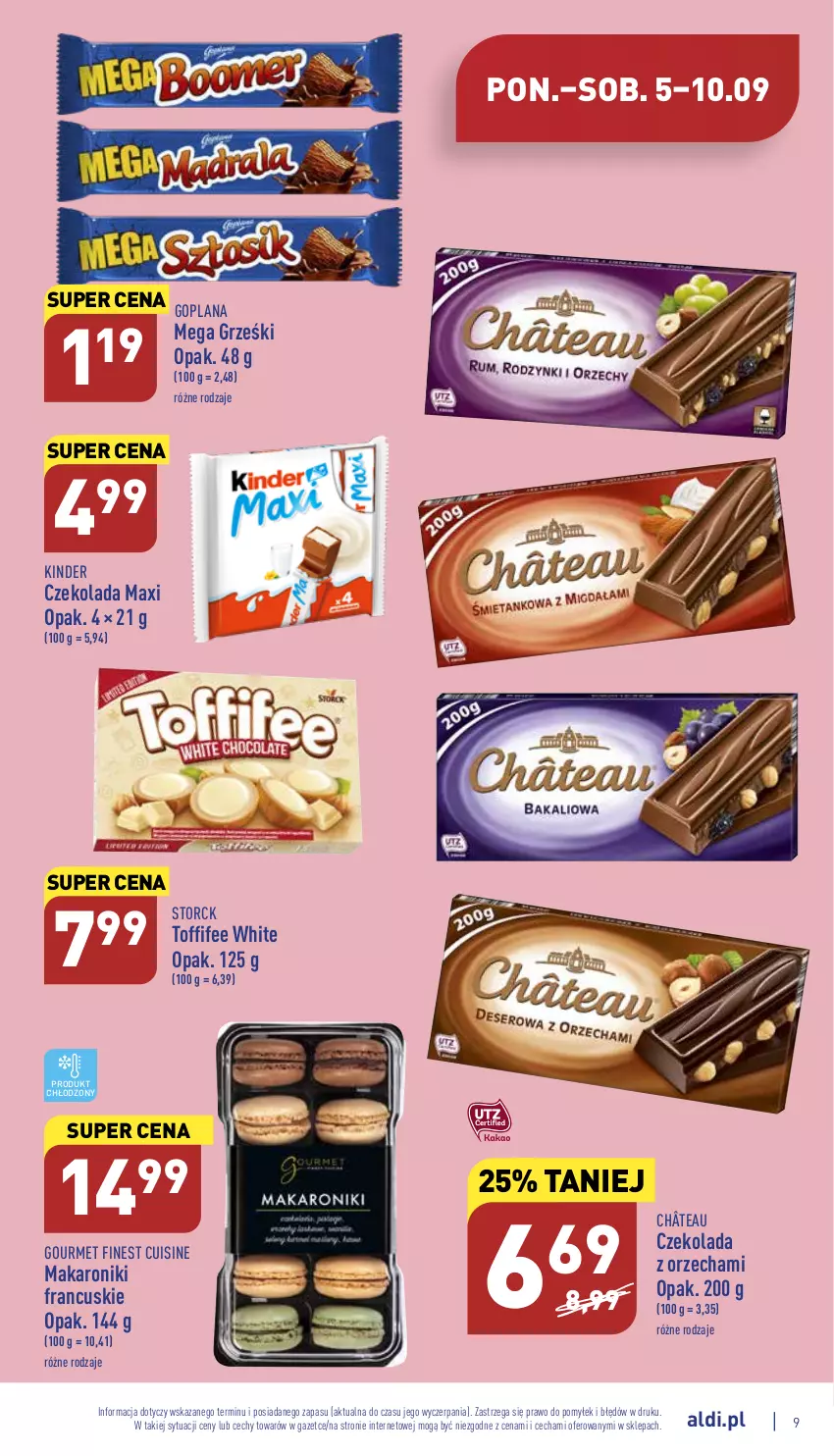 Gazetka promocyjna Aldi - Pełny katalog - ważna 05.09 do 10.09.2022 - strona 9 - produkty: Czekolada, Goplana, Grześki, Kinder, LANA, Makaron, Toffifee