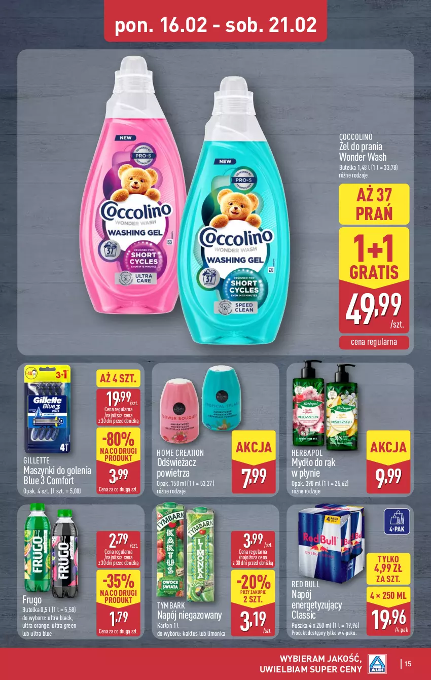 Gazetka promocyjna Aldi - Pełna oferta - ważna 16.02 do 21.02.2026 - strona 15 - produkty: Coccolino, Gillette, Gra, Herbapol, Kaktus, Lack, Limonka, Mydło, Napój, Napój niegazowany, Odświeżacz powietrza, Red Bull, Tymbark