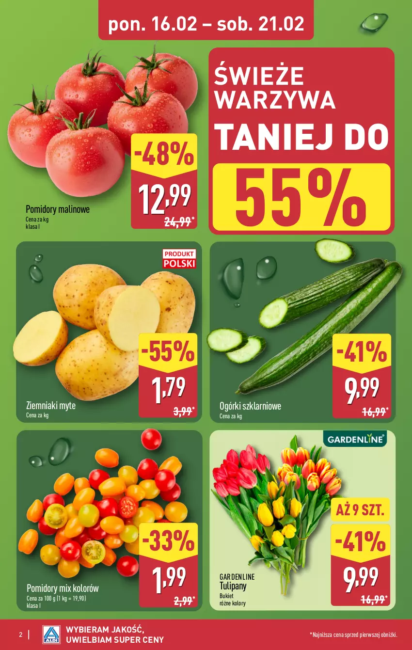 Gazetka promocyjna Aldi - Pełna oferta - ważna 16.02 do 21.02.2026 - strona 2 - produkty: Bukiet, Pomidory, Tulipan, Warzywa, Ziemniaki