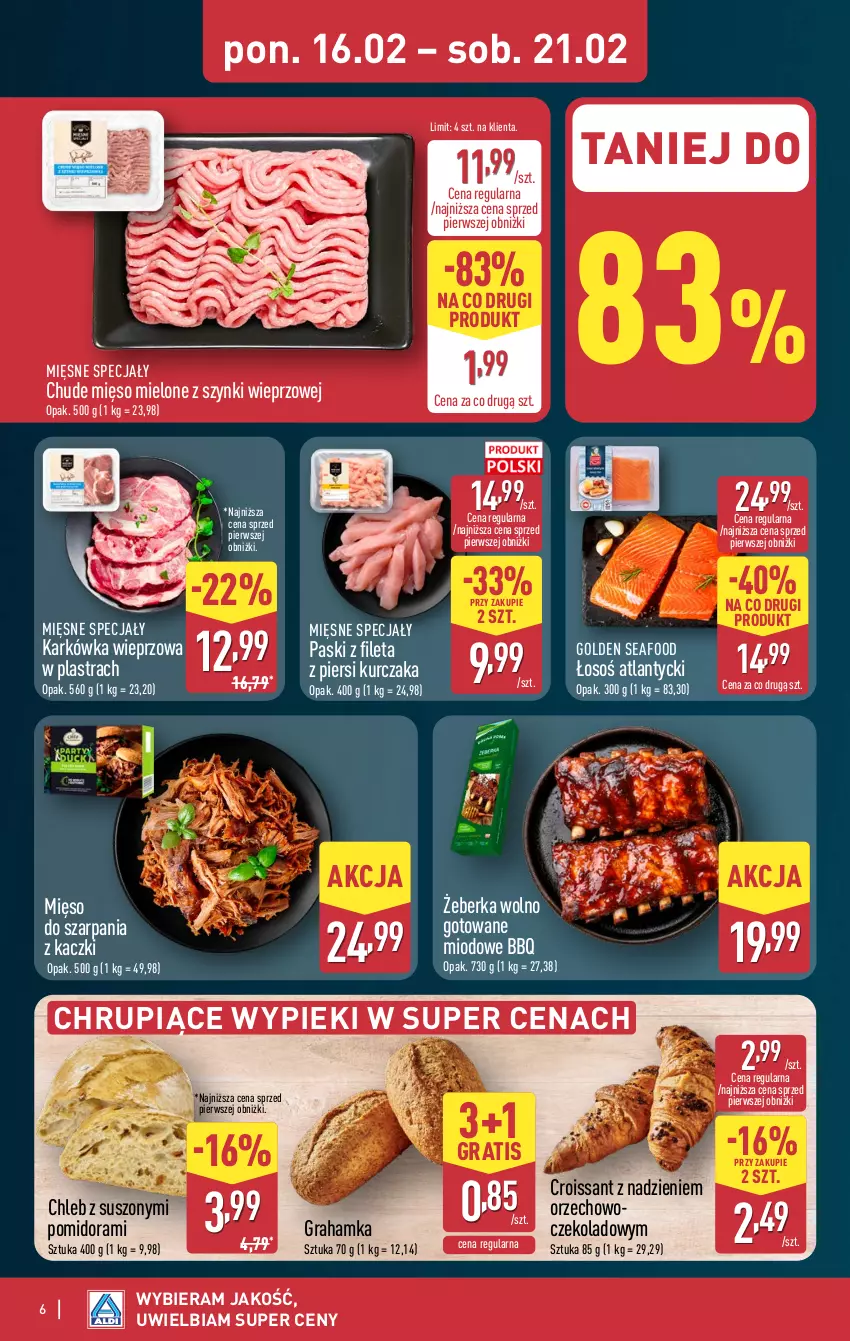 Gazetka promocyjna Aldi - Pełna oferta - ważna 16.02 do 21.02.2026 - strona 6 - produkty: Chleb, Croissant, Golden Seafood, Gra, Karkówka wieprzowa, Kurczak, Mięsne specjały, Mięso, Mięso mielone, Mięso mielone z szynki