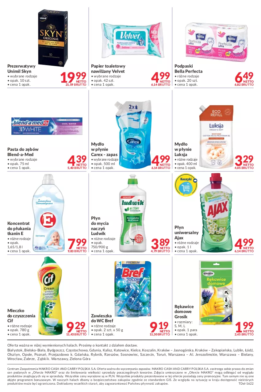 Gazetka promocyjna Makro - [Oferta promocyjna] Dostawy - ważna 26.07 do 08.08.2022 - strona 12 - produkty: Ajax, Bell, Bella, Blend-a-Med, Bref, Cif, Do mycia naczyń, Gra, Kosz, Ludwik, Luksja, Mleczko, Mydło, Mydło w płynie, Papier, Papier toaletowy, Pasta do zębów, Perfecta, Piec, Płyn do mycia, Płyn do mycia naczyń, Podpaski, Prezerwatyw, Rękawice, Rum, Skyn, Sos, Szal, Unimil, Velvet, Zawieszka do wc