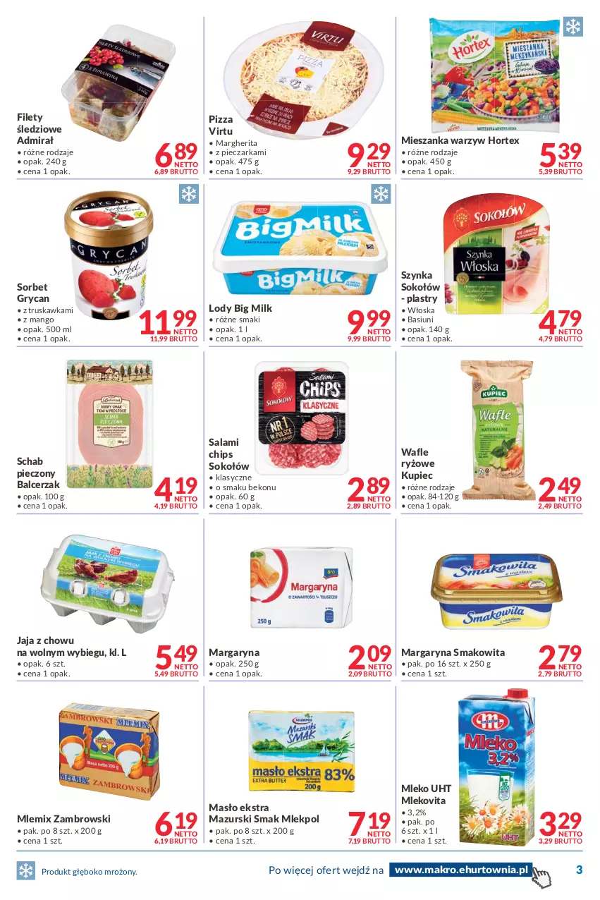 Gazetka promocyjna Makro - [Oferta promocyjna] Dostawy - ważna 26.07 do 08.08.2022 - strona 3 - produkty: Beko, Big Milk, Gry, Hortex, Jaja, Kupiec, Lody, Mango, Margaryna, Masło, Mieszanka warzyw, Mleko, Mlekovita, Mlemix Zambrowski, Piec, Pieczarka, Pizza, Ryż, Salami, Schab pieczony, Smakowita, Sok, Sokołów, Szynka, Virtu, Wafle