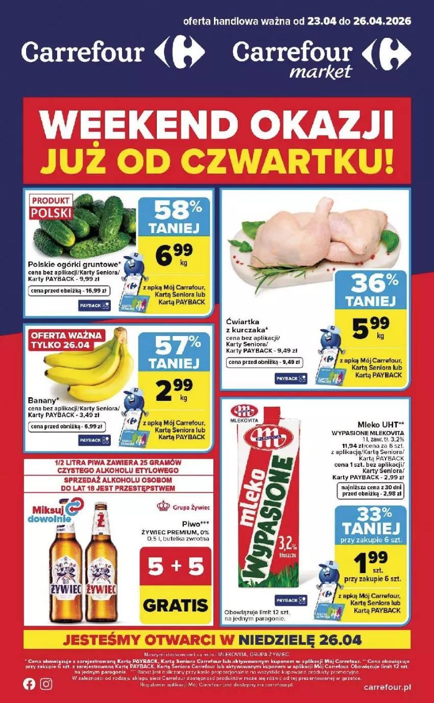 Gazetka promocyjna Carrefour - Gazetka Weekend okazji już od czwartku! - ważna 23.04 do 26.04.2026 - strona 1 - produkty: Banany, Fa, Gra, Grunt, Kurczak, Mleko, Mlekovita, Piwa