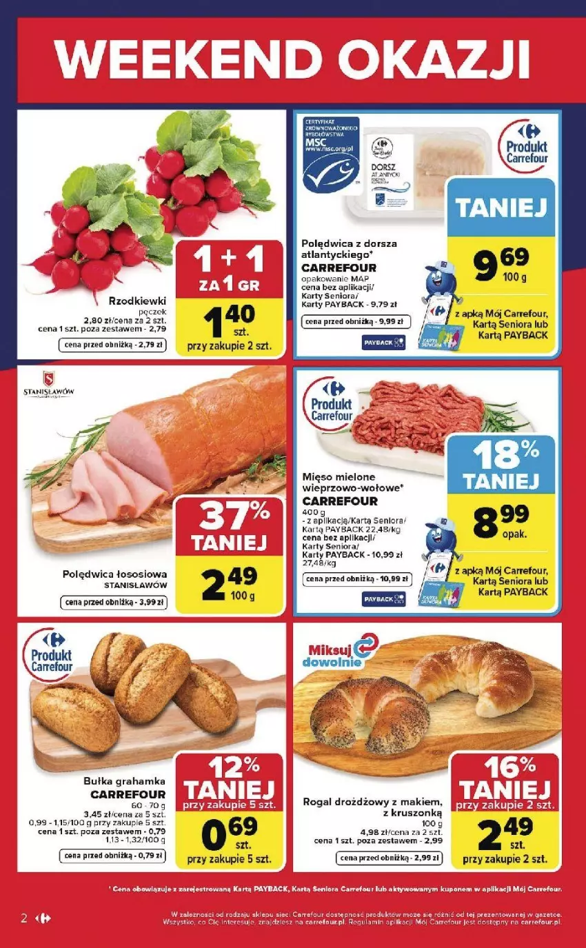 Gazetka promocyjna Carrefour - Gazetka Weekend okazji już od czwartku! - ważna 23.04 do 26.04.2026 - strona 2 - produkty: Dorsz, Fa, Gra, Mięso, Mięso mielone, Polędwica, Rogal, Sos