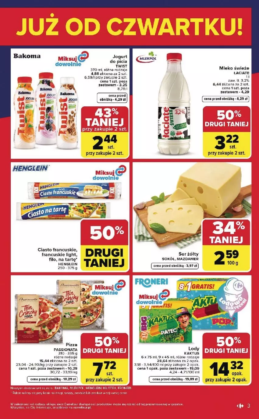 Gazetka promocyjna Carrefour - Gazetka Weekend okazji już od czwartku! - ważna 23.04 do 26.04.2026 - strona 3 - produkty: Ciasto francuskie, Gra, Koc, Lody, Mazdamer, Mleko, Por, Ser, Sok, Sokół