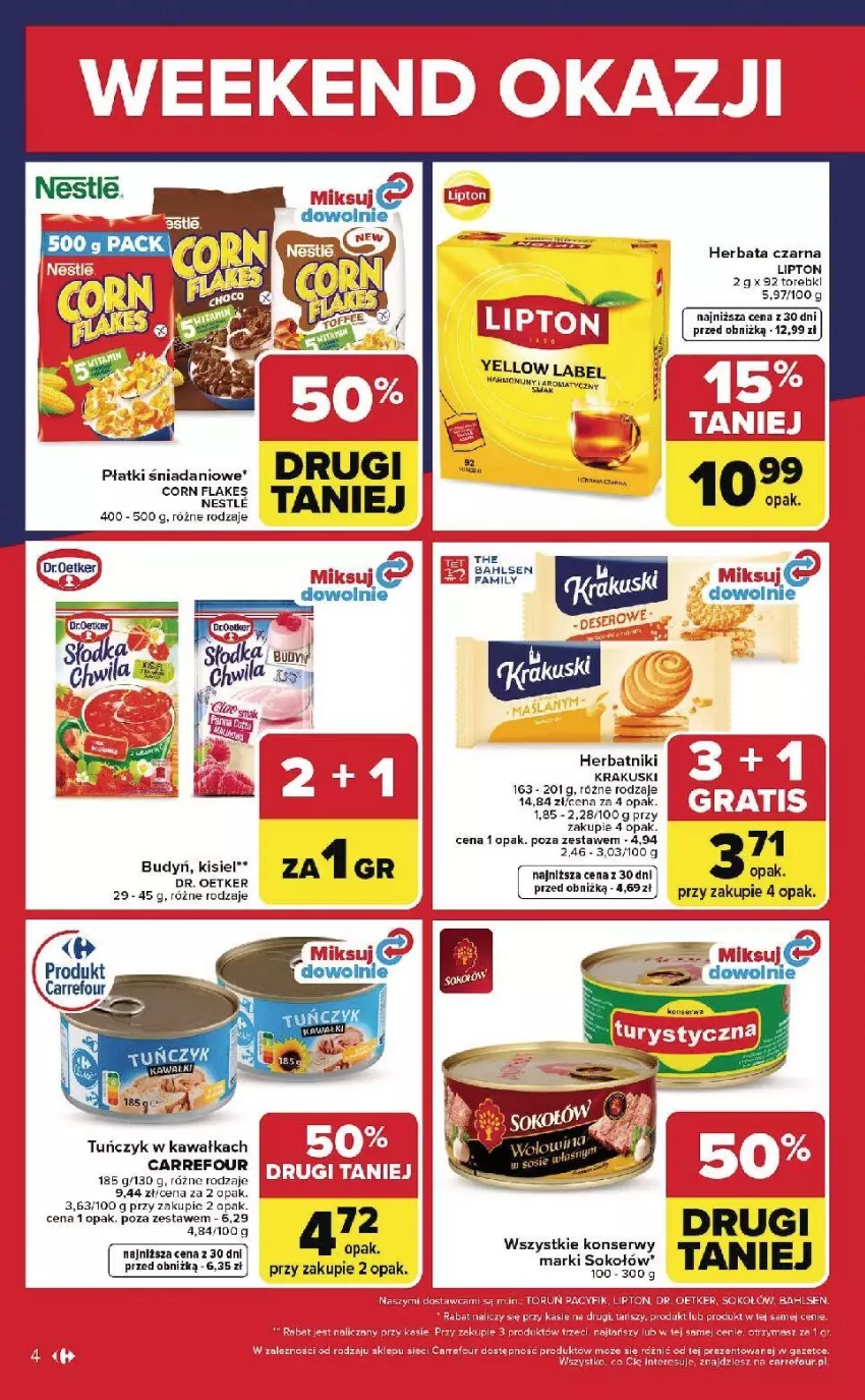 Gazetka promocyjna Carrefour - Gazetka Weekend okazji już od czwartku! - ważna 23.04 do 26.04.2026 - strona 4 - produkty: Budyń, Corn flakes, Danio, Dr. Oetker, Fa, Herbata, Herbata czarna, Herbatniki, Kawa, Kisiel, Krakus, Krakuski, Lipton, Ser, Sok, Sokołów, Tuńczyk
